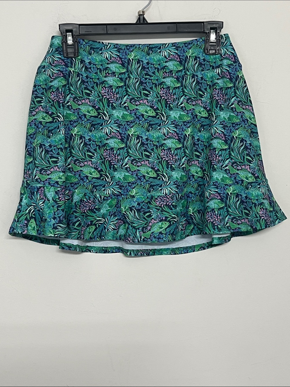 π Gottex Green Tropical Print w/fish Ruffle tennis golf Mini Skorts women size M